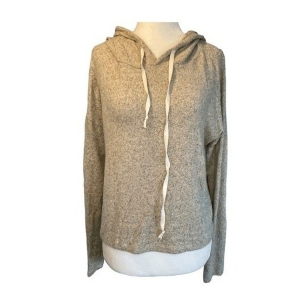 Acemi Fleece Hoodie Sweatshirt Tan Heather‎ Knit Cropped Long Sleeve Pull-Over S